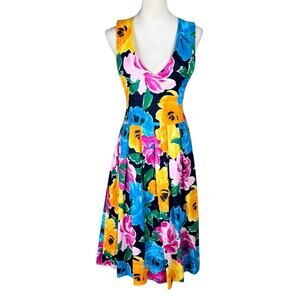 Vintage Pam's Closet Floral Pattern Scoop Neck Sleeveless Maxi Pleated Dress